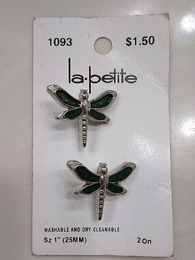 la petite Dragonfly Green Enamel Silver Buttons
